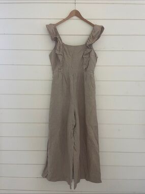 Madewell Tan Ruffle-Shoulder Linen Jumpsuit size 10